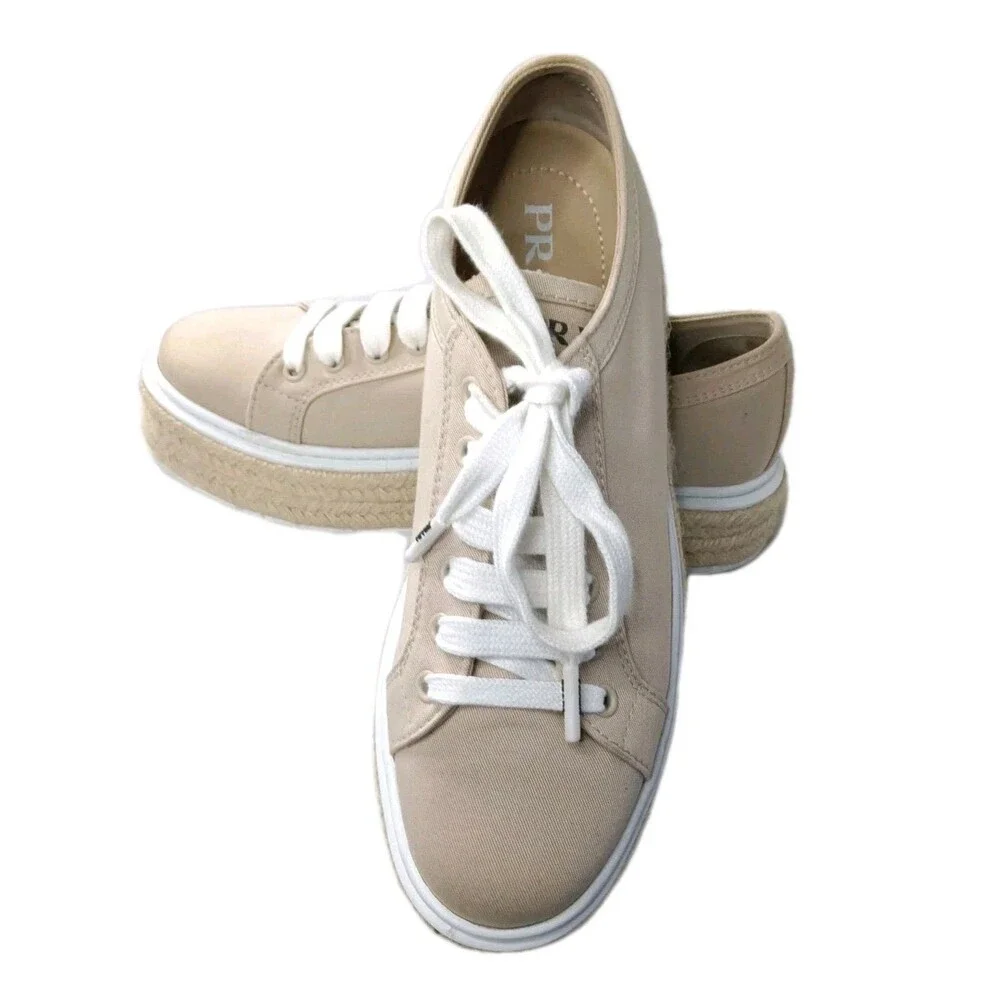 Prada Espadrilles Platform Shoes Beige Canvas  Sneakers Women's Size 39